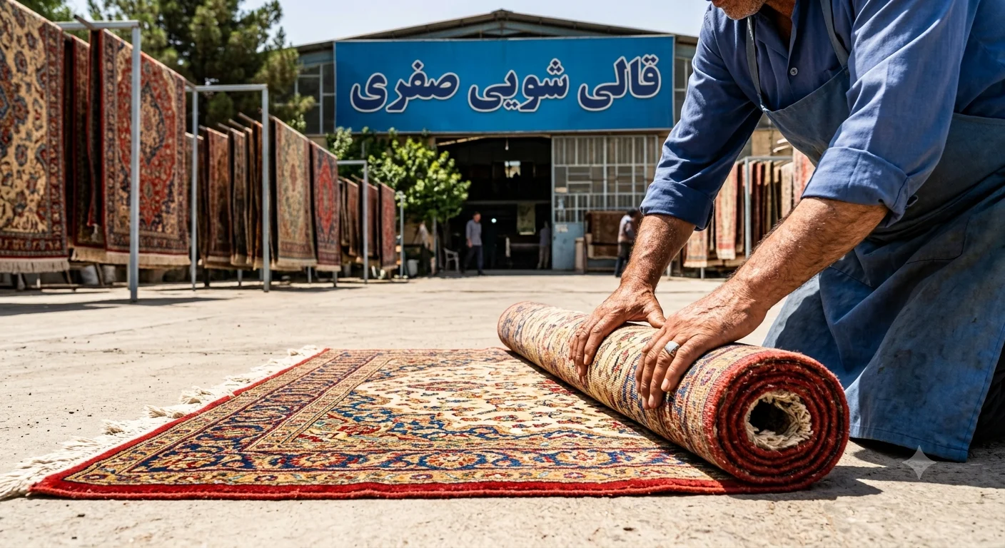 دستان متخصص در حال لول کردن فرش دستباف شسته شده و تمیز در کارخانه قالیشویی صفری زیر نور خورشید